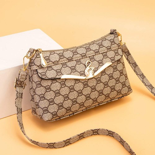 Geometric Pattern Beaded Zipper Pockets Women Shoulder Bag - Brown image