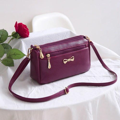 Glossy Adjustable Stripe Plain Zippers Pockets Shoulder Bag - Maroon image