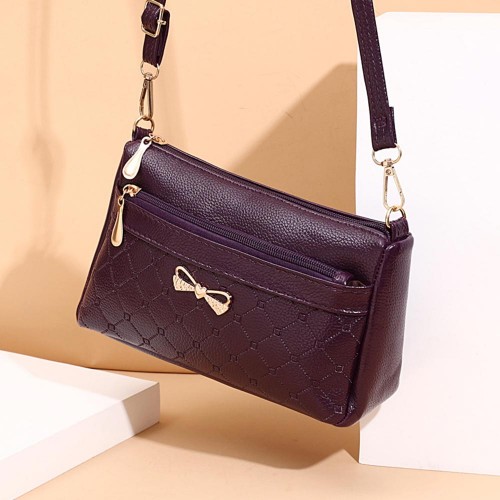 Glossy Adjustable Stripe Plain Zippers Pockets Shoulder Bag - Maroon image