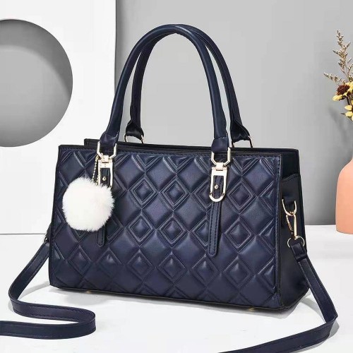 Embossed Geometric Pattern Fur Ball Hanging Tote Handbag - Blue image