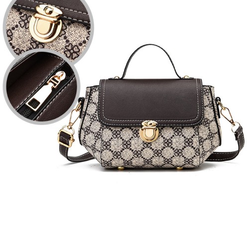 Lock Closure Round Floral Messenger Women Shoulder Bag - Light Brown image