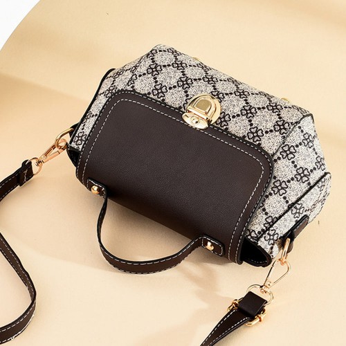 Lock Closure Round Floral Messenger Women Shoulder Bag - Light Brown image