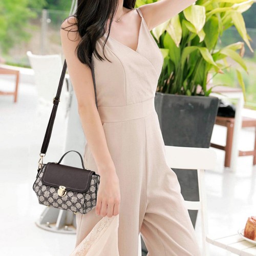 Lock Closure Round Floral Messenger Women Shoulder Bag - Light Brown image