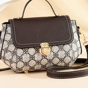 Lock Closure Round Floral Messenger Women Shoulder Bag - Light Brown