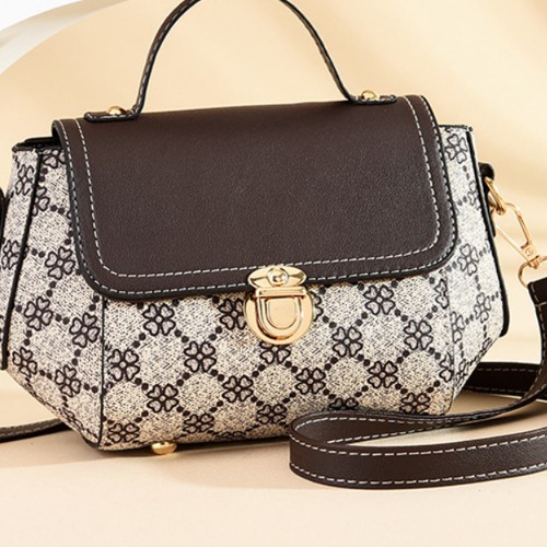 Lock Closure Round Floral Messenger Women Shoulder Bag - Light Brown image