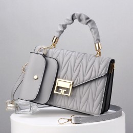 Two Piece Convenient Small Satchel Wrinkled Women Shoulder Bag - Grey