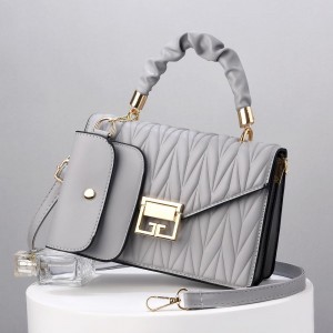 Two Piece Convenient Small Satchel Wrinkled Women Shoulder Bag - Grey