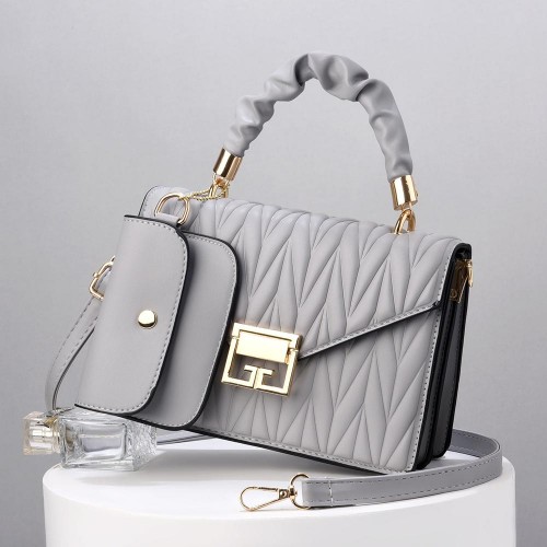 Two Piece Convenient Small Satchel Wrinkled Women Shoulder Bag - Grey image