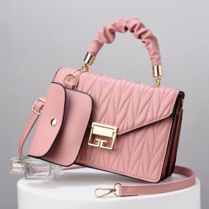 Two Piece Convenient Small Satchel Wrinkled Women Shoulder Bag - Pink