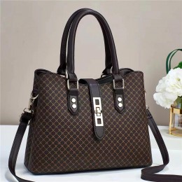 Contrast Zipper Checked Pattern Bucket Women Tote Hand bag - Dark Brown