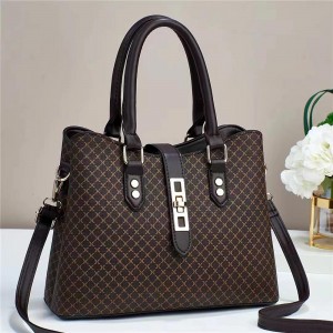 Contrast Zipper Checked Pattern Bucket Women Tote Hand bag - Dark Brown