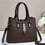 Contrast Zipper Checked Pattern Bucket Women Tote Hand bag - Dark Brown