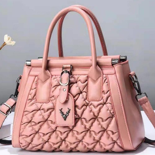 Embossed Folded Solid Color Wrinkle Women Tote Hand Bag - Pink image