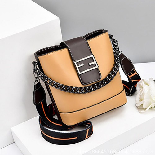 Lettered Stripes Chain Luggage Bucket Women Shoulder Bag - Brown image