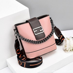 Lettered Stripes Chain Luggage Bucket Women Shoulder Bag - Pink
