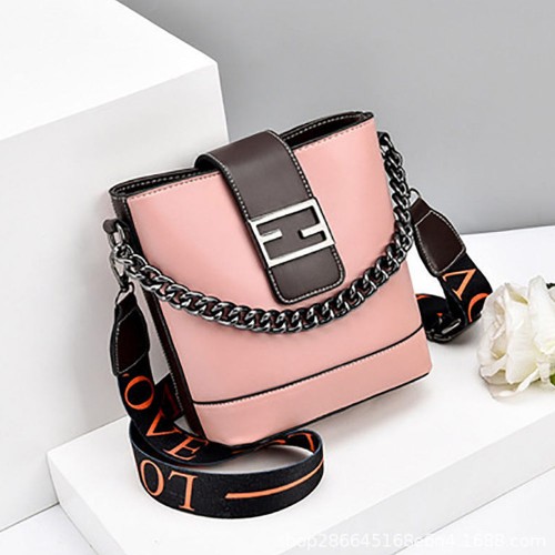 Lettered Stripes Chain Luggage Bucket Women Shoulder Bag - Pink image