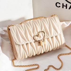 Luxury Wrinkle Embossed Flip Chin Strip Women Shoulder Bag - Cream