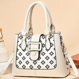 Versatile Double Handle Zipper Pockets Vertical Square Tote Hand Bag - Cream