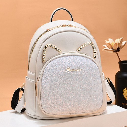 Luxury Sequin Cat Shape Multi Pockets Women Backpack - Cream image