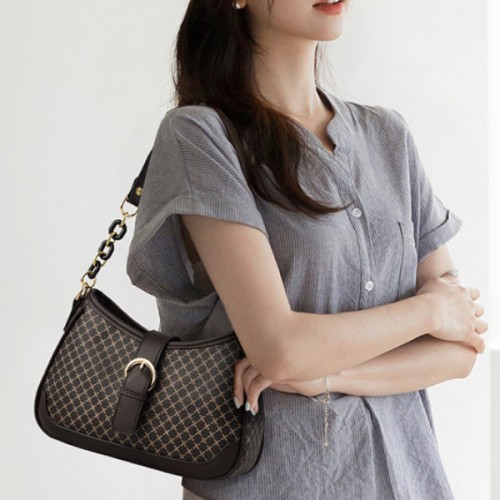 Crossbody Chain Baguette Plaid Pattern Messenger Shoulder Bags - Brown image