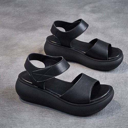 Mid Heel Velcro Closure Flat Fish Mouth Strappy Women Sandals - Black image