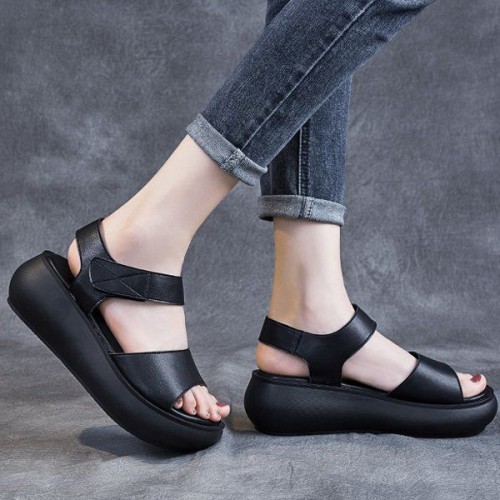 Mid Heel Velcro Closure Flat Fish Mouth Strappy Women Sandals - Black image