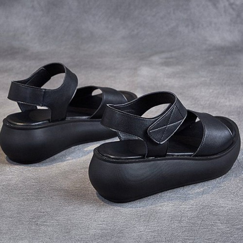 Mid Heel Velcro Closure Flat Fish Mouth Strappy Women Sandals - Black image
