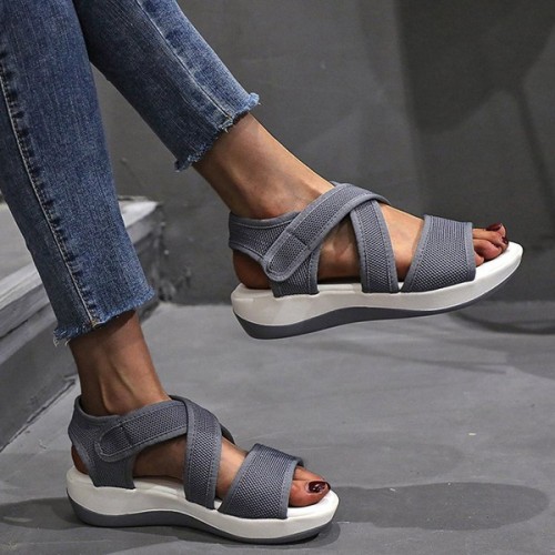Thick Bottom Strappy Soft Sole Open Toe Velcro Closure Women Sandals - Grey image