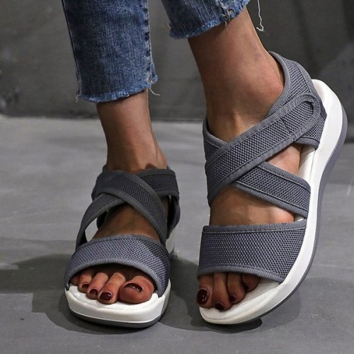Thick Bottom Strappy Soft Sole Open Toe Velcro Closure Women Sandals - Grey image