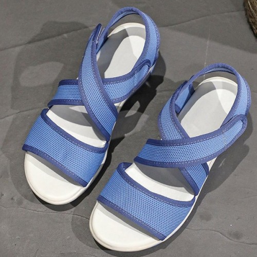 Thick Bottom Strappy Soft Sole Open Toe Velcro Closure Women Sandals - Blue image