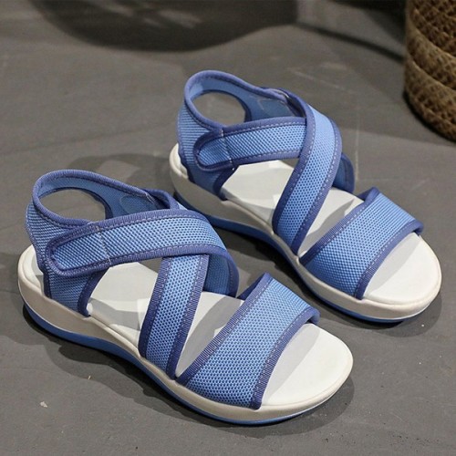 Thick Bottom Strappy Soft Sole Open Toe Velcro Closure Women Sandals - Blue image