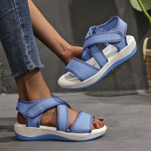Thick Bottom Strappy Soft Sole Open Toe Velcro Closure Women Sandals - Blue image