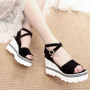 Strappy Thick Bottom Buckle Closure Open Toe Women Wedge Sandals - Black