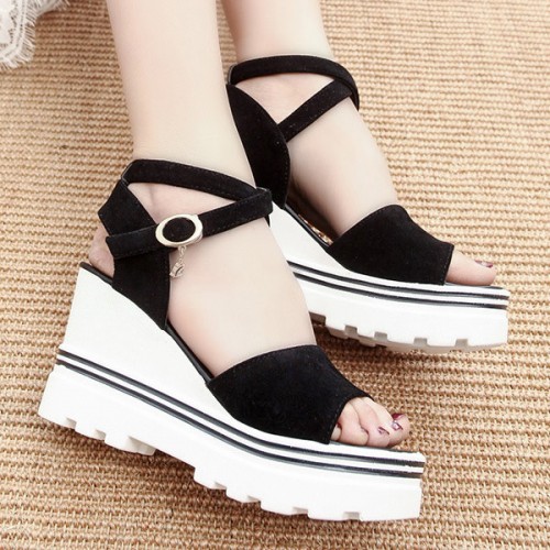 Strappy Thick Bottom Buckle Closure Open Toe Women Wedge Sandals - Black image