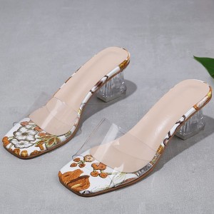 Cross Border Transparent Women Square Toe Slip On High Heels - Orange