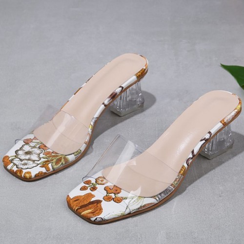 Cross Border Transparent Women Square Toe Slip On High Heels - Orange image