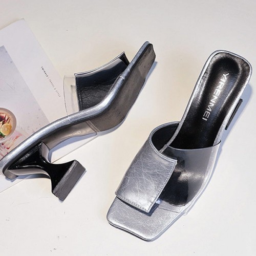 Flip Flop Solid Color Transparent Square Toe Women Mid Heels Slippers - Grey image