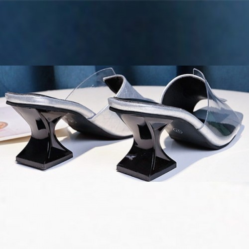 Flip Flop Solid Color Transparent Square Toe Women Mid Heels Slippers - Grey image