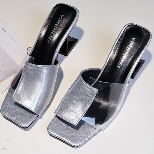 Flip Flop Solid Color Transparent Square Toe Women Mid Heels Slippers - Grey image