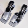 Flip Flop Solid Color Transparent Square Toe Women Mid Heels Slippers - Grey