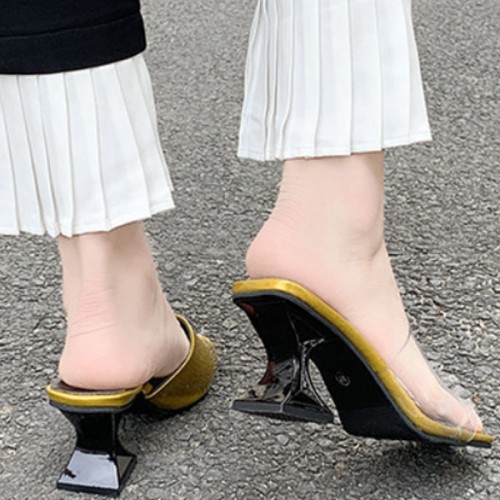 Flip Flop Solid Color Transparent Square Toe Women Mid Heels Slippers - Gold image
