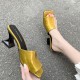Flip Flop Solid Color Transparent Square Toe Women Mid Heels Slippers - Gold image