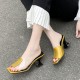 Flip Flop Solid Color Transparent Square Toe Women Mid Heels Slippers - Gold image