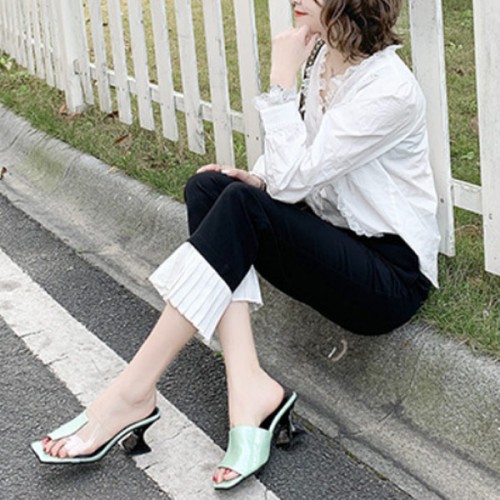 Flip Flop Solid Color Transparent Square Toe Women Mid Heels Slippers - Green image