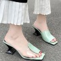 Flip Flop Solid Color Transparent Square Toe Women Mid Heels Slippers - Green