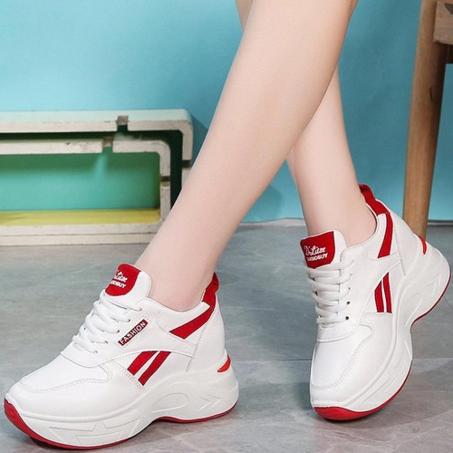Thick Bottom Lace Up Low Cut Round Head Mesh Sneakers - Red image