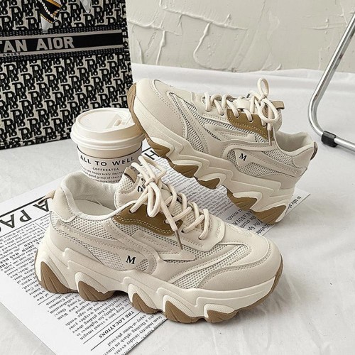 Letter Detail Front Chunky Lace up Color Block Sneakers - Beige image