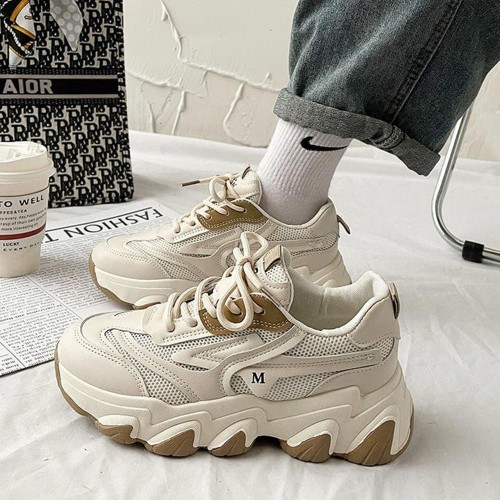 Letter Detail Front Chunky Lace up Color Block Sneakers - Beige image
