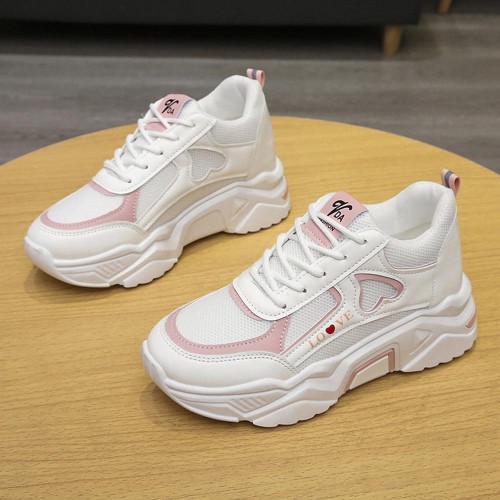 Breathable Soft Sole Thick Bottom Mesh Lace Up Sneakers - Pink image