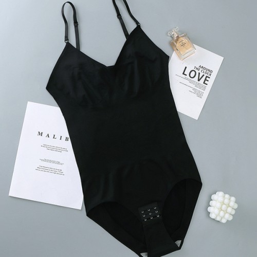 Ribbed Design Solid Color Sleeveless Women Sliming Bodysuit - Black image